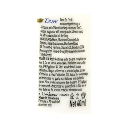 Dove Roll On Deodorant Go Fresh Pomegranate & Lemon Verbena Scent 40ml